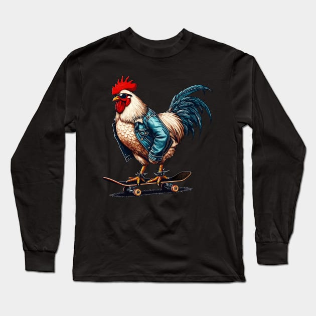 Retro cool rooster skateboarder Long Sleeve T-Shirt by TomFrontierArt